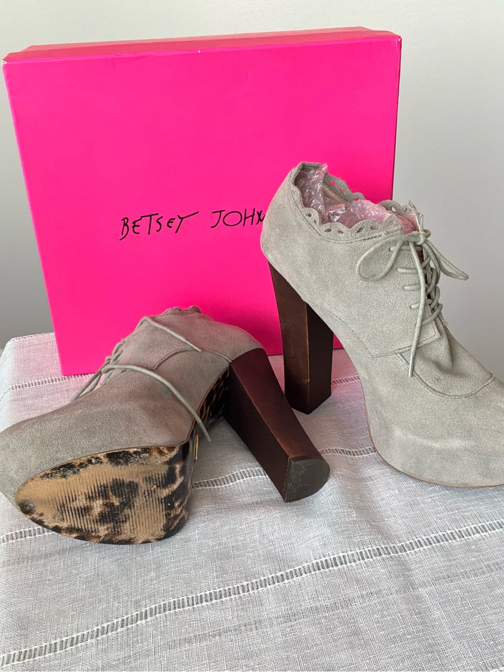 Betsey Johnson Gray Suede Ruffle platform heels